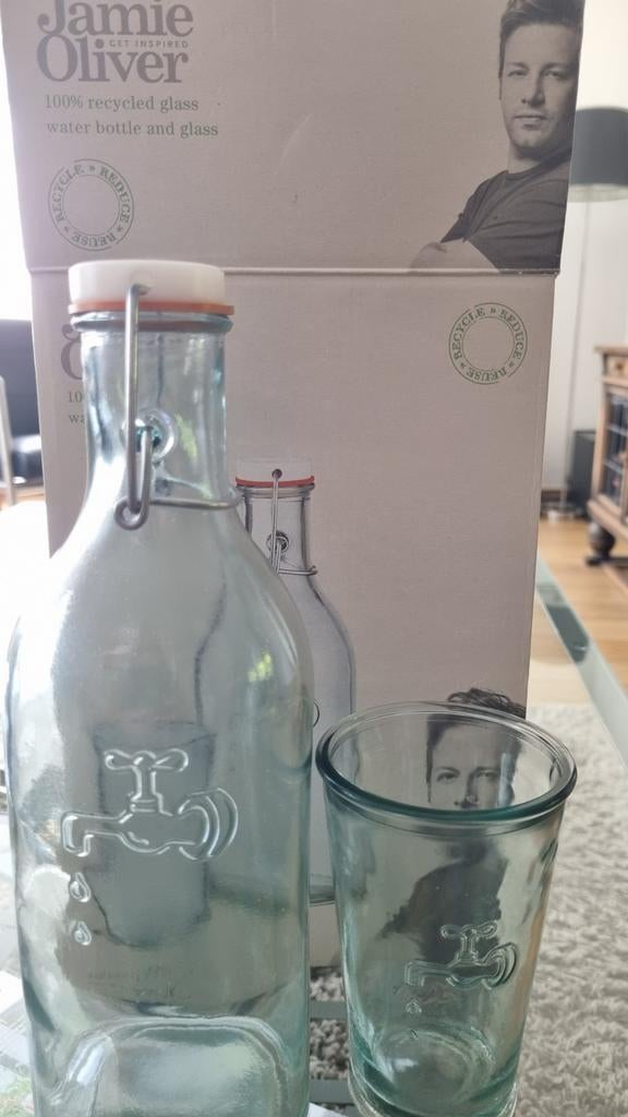 Jamie Oliver 100% gerecyclede glazen waterfles en glas, Nieuw, Ophalen of Verzenden, Overige merken, Groen