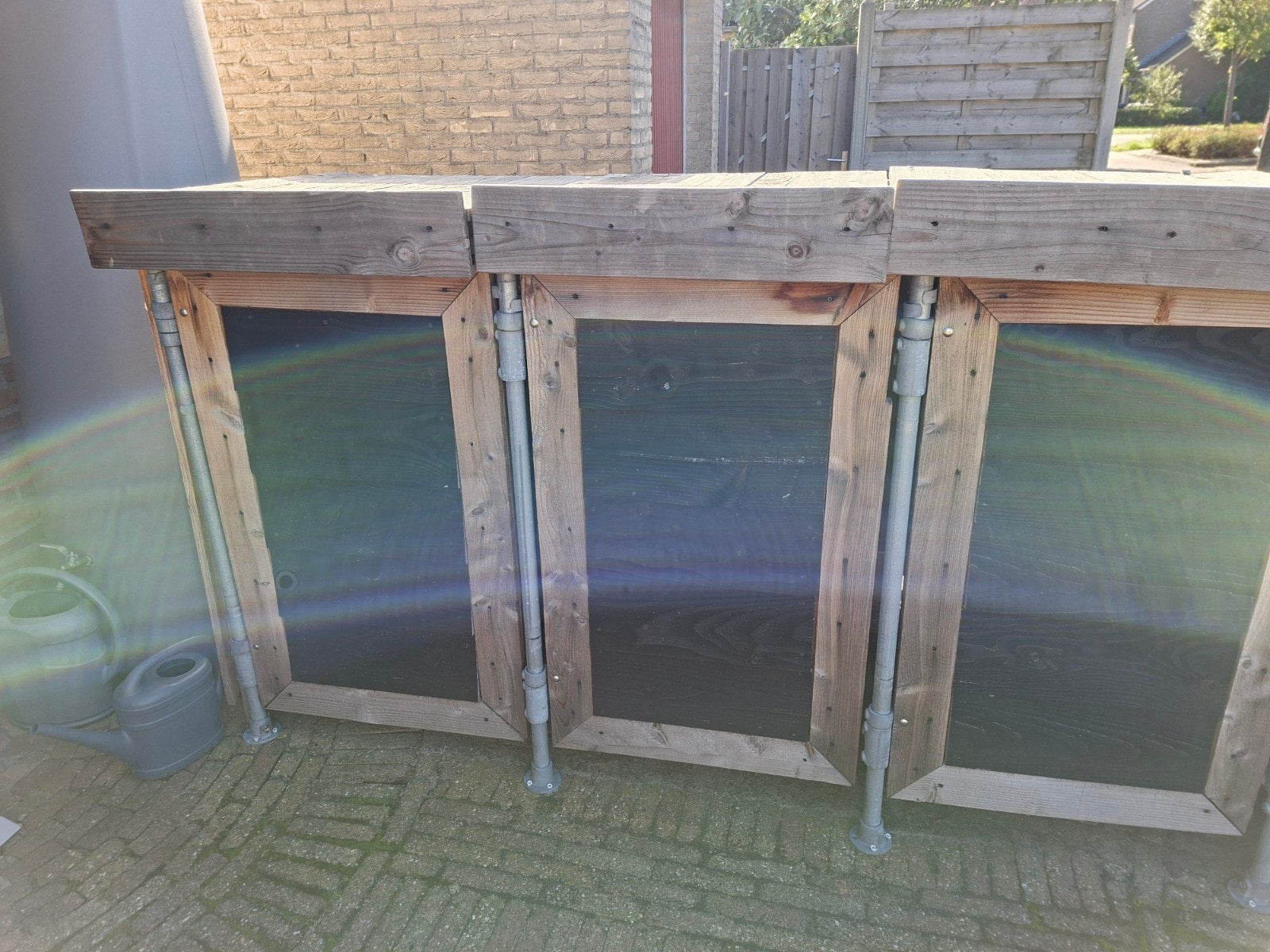 Hout met steigerbuis containerberging voor 3 containers, Ophalen, Gebruikt, Hout, Containerberging