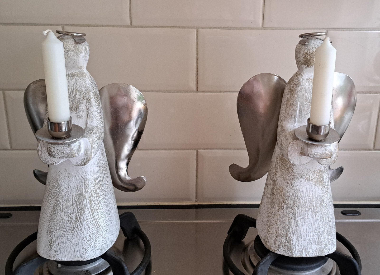 Set van 2 Witte Engelen Kandelaars, Ophalen, Overige materialen, Zo goed als nieuw, Kandelaar