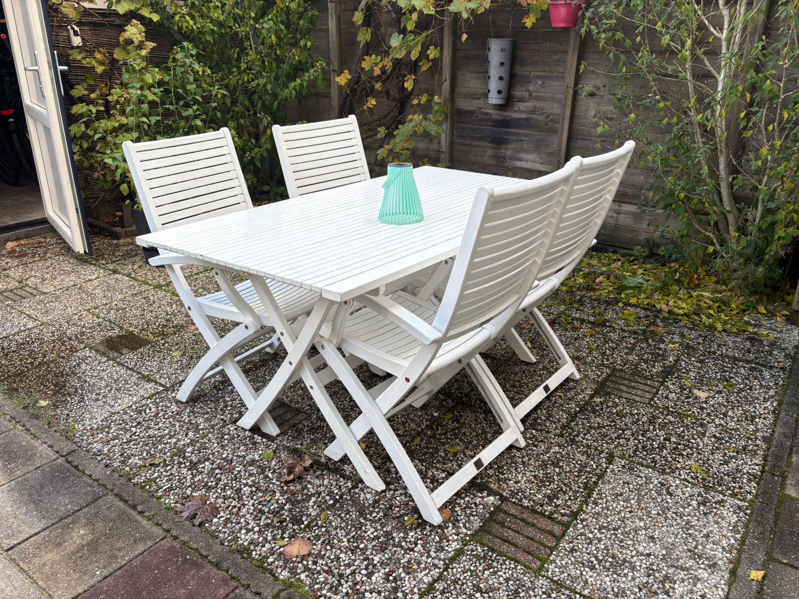Hardhouten Beaufort tuinset wit, 4 inklapbare stoelen 150×87, 4 zitplaatsen, Gebruikt, Hardhout, Ophalen of Verzenden