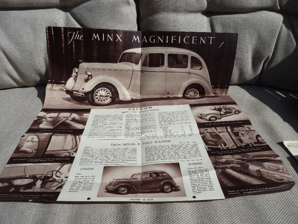 ZEER OUDE en GROTE UITVOUWBARE CATALOGUS: MINX HILLMAN 1936, Ophalen of Verzenden, Gelezen, Overige merken