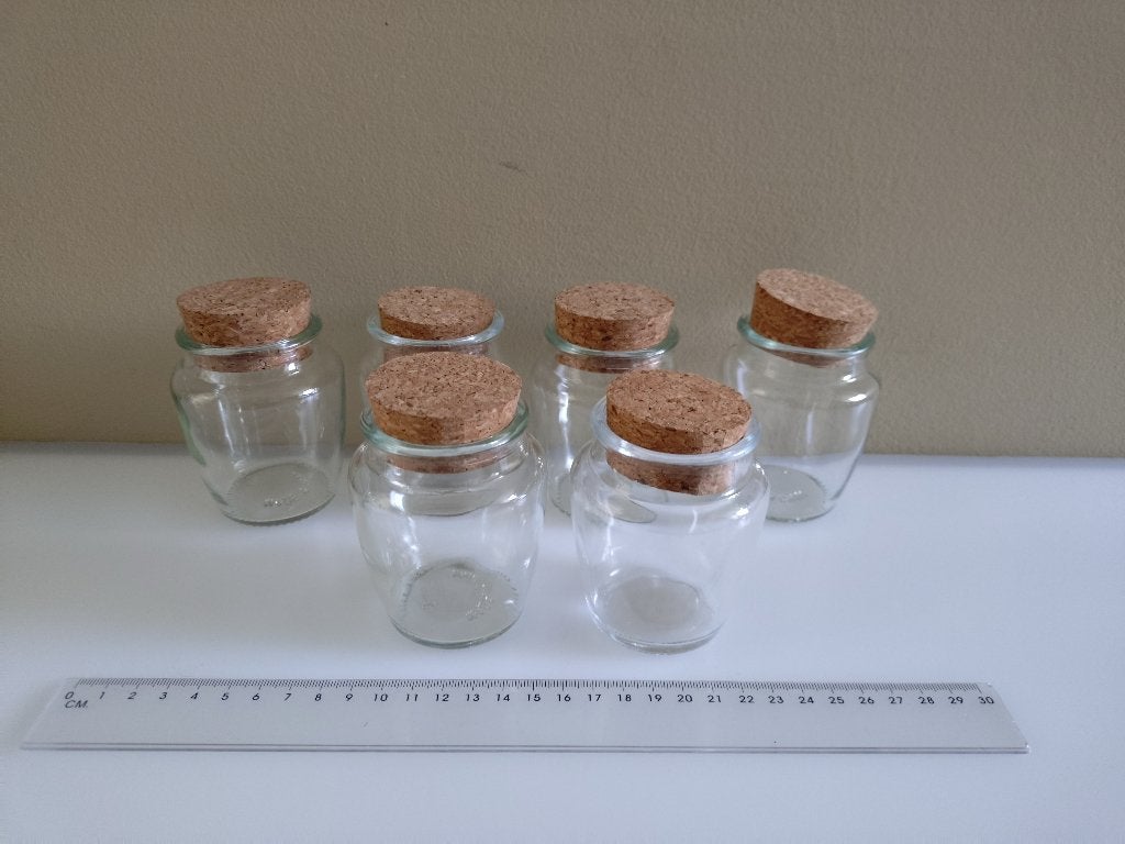 Te koop 10 x glazen potjes met kurk circa 9 x 5,5 cm 150 ml, Voorraadpot, Ophalen, Zo goed als nieuw, Glas