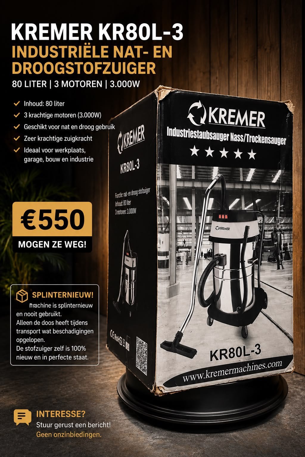Kremer KR80L-3 Industriële Nat- en droogstofzuiger, 10 kopjes of meer, Ophalen, Zo goed als nieuw, Koffiemachine