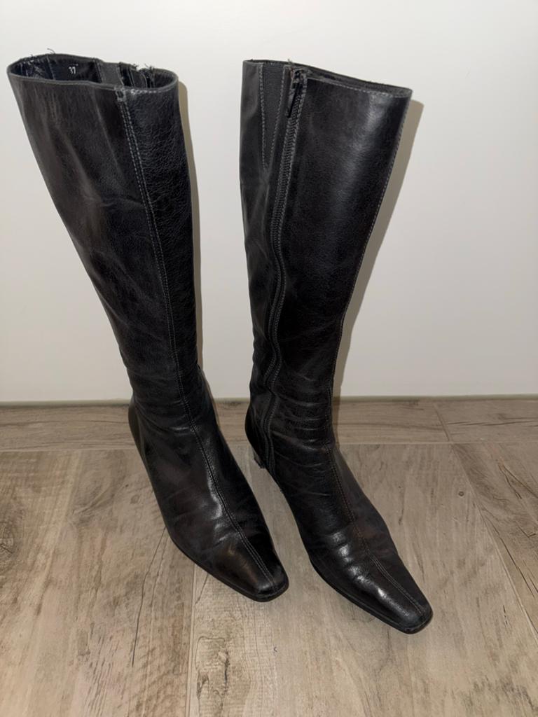 Zwarte leren dames laarzen maat 37 - Lamica Made in Italy, Ophalen of Verzenden, Gedragen, Zwart, Hoge laarzen