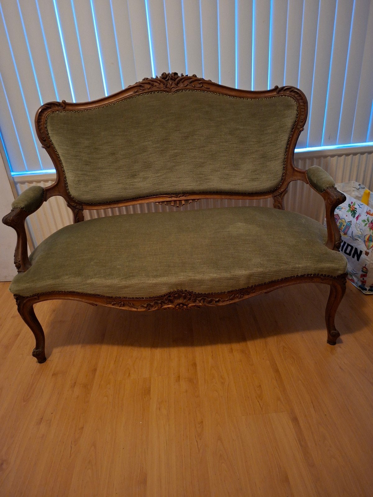 Antieke Loveseat / Bankje - Groen Fluweel, Houten Frame, Ophalen