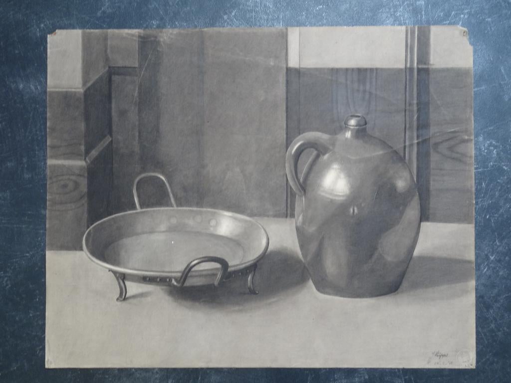 potloodtekening stilleven kruik en schaal, J. Lipjes, 1915, Antiek en Kunst, Verzenden