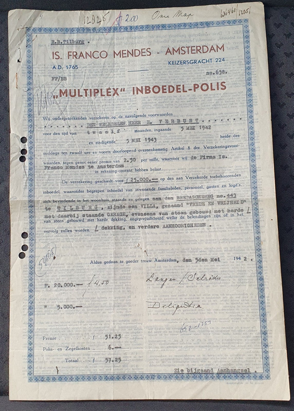 Oude Inboedelpolis IS. Franco Mendes - Amsterdam 1942, Verzamelen, Ophalen of Verzenden