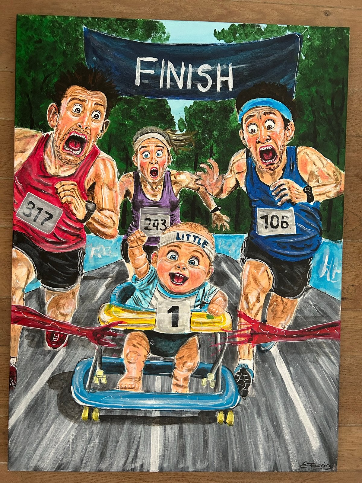 Grappig schilderij: Baby wint hardloopwedstrijd, Ophalen of Verzenden, Overige materialen, Acrylverf, Figuren