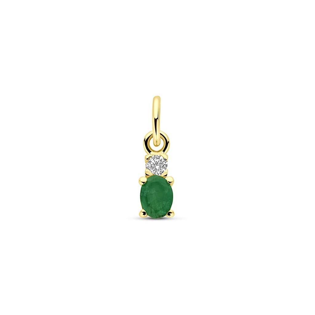 Gouden mini hangertje met groene Smaragd en zirkonia - 14KRT, Overige voorstellingen, Met edelsteen, Nieuw, Ophalen of Verzenden