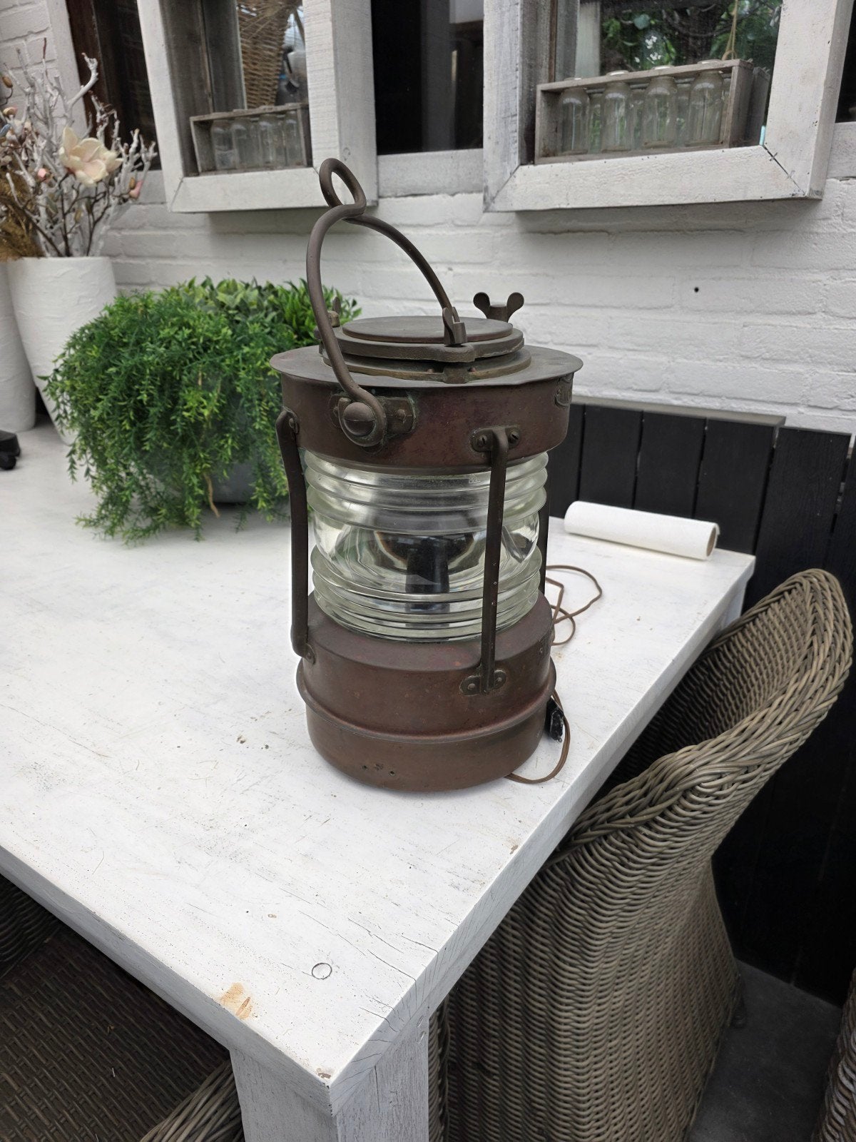 Koperen scheepslamp (ankerlicht) elektrisch gemaak, Antiek en Kunst, Ophalen of Verzenden