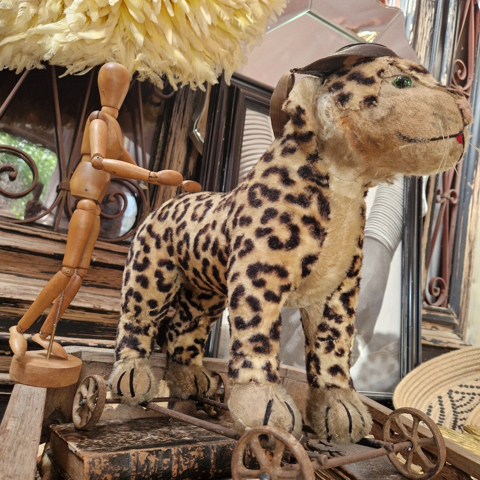 Steiff luipaard op wieltjes oud brocante speelgoed shabby, Ophalen of Verzenden