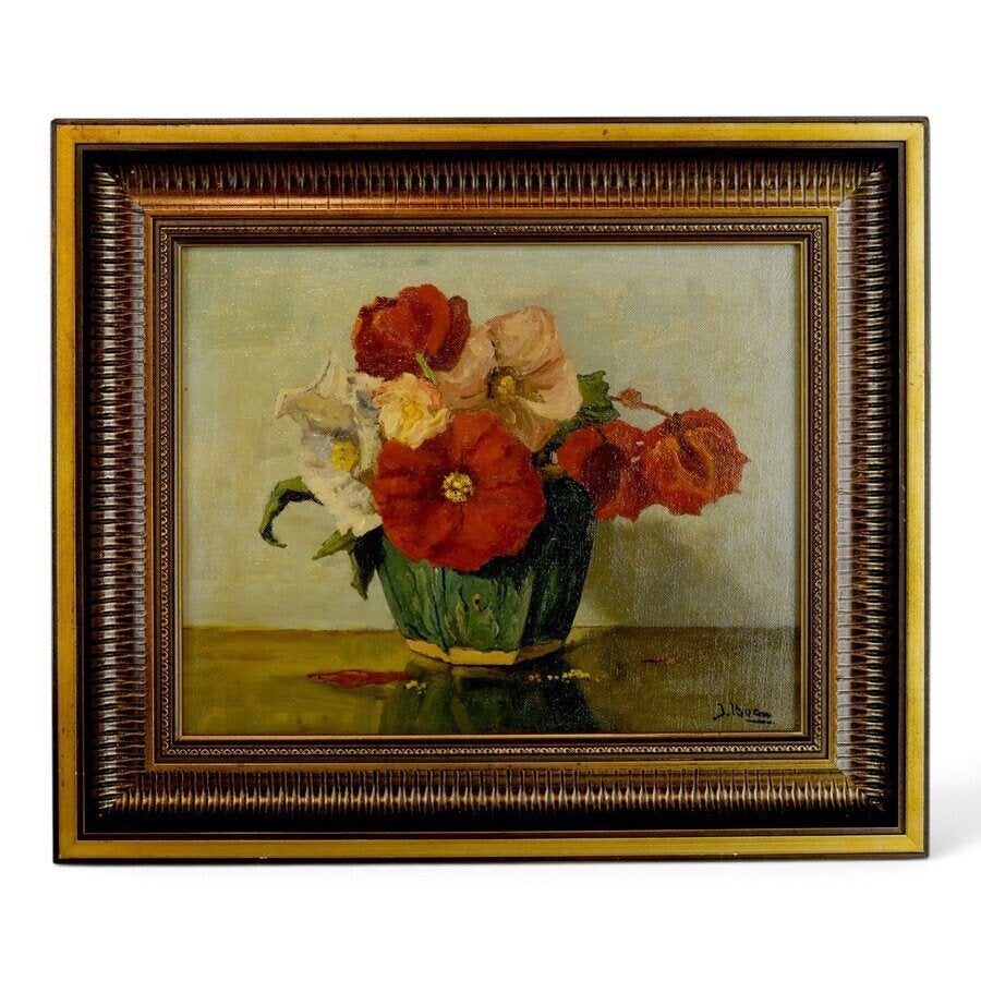 J. Boon - Gemberpot met begonia's, Nederlandse school, Doek, Stilleven, Ophalen of Verzenden