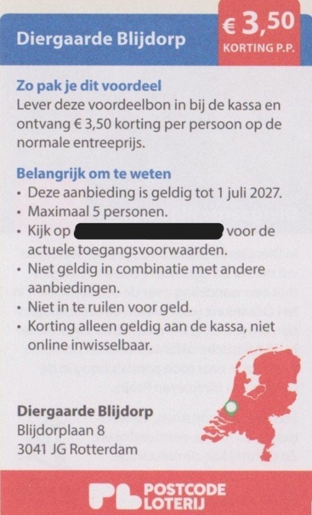 Diergaarde Blijdorp €3,50 korting p.p. Postcodeloterij bon., Drie personen of meer, Kortingskaart