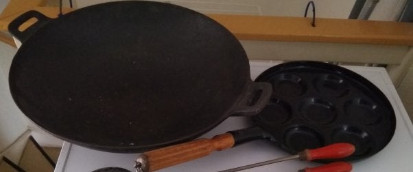 gietijzeren Wokpan en poffertjespan, Ophalen of Verzenden, Zo goed als nieuw, Gietijzer, Wok