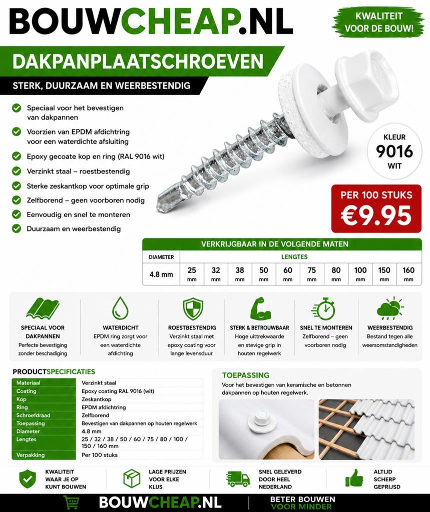 Dakpanplaatschroeven diverse lengtes., Steen of Klei, Ophalen of Verzenden, Zo goed als nieuw, 15 m² of meer