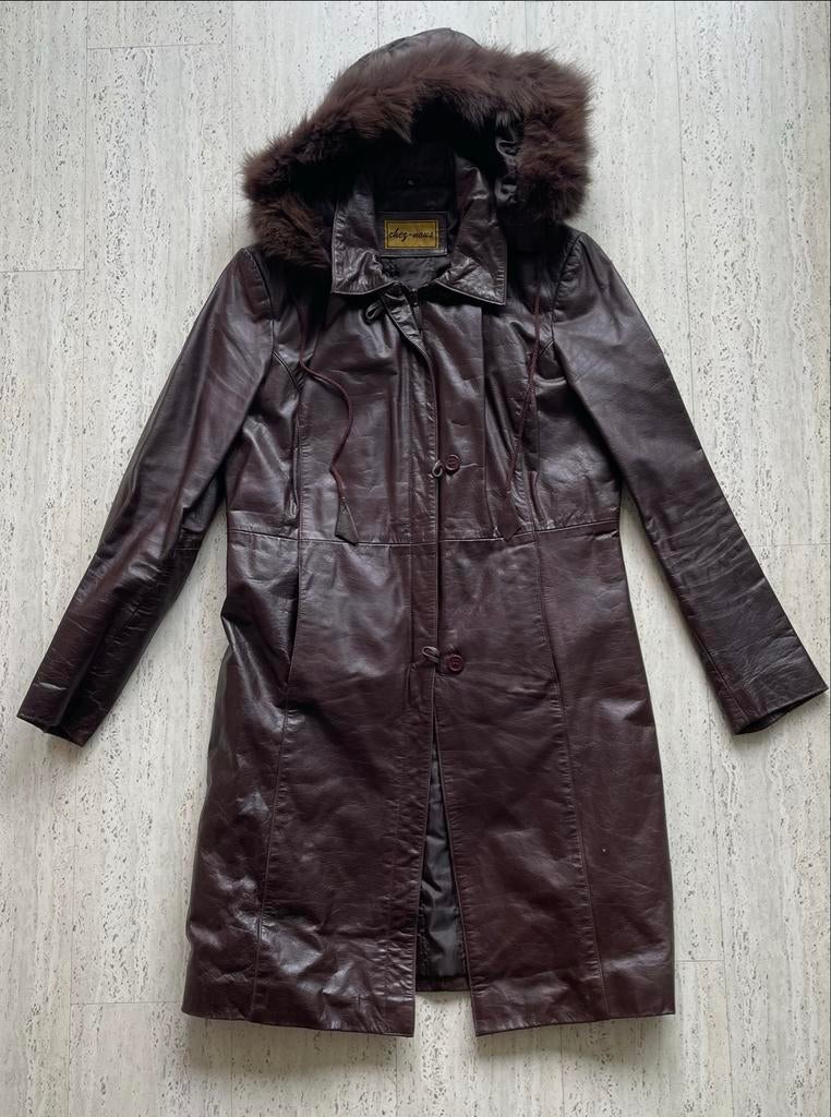 Bruin lederen/leren lange dames jas met capuchon maat XL, Ophalen of Verzenden, Zo goed als nieuw, Maat 46/48 (XL) of groter, Bruin