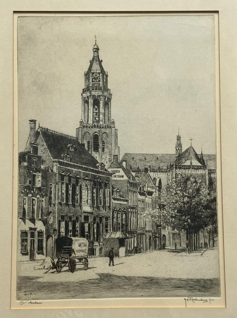 Ets Oude markt zicht op Eusebiuskerk Arnhem H.Roodenburg, Ingelijst, Ets, Stadsgezicht, Ophalen of Verzenden