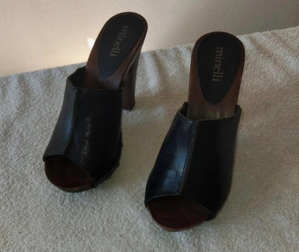 Minelli Zwarte Muiltjes met Houten Hak Maat 37, Ophalen of Verzenden, Gedragen, Zwart, Sandalen of Muiltjes
