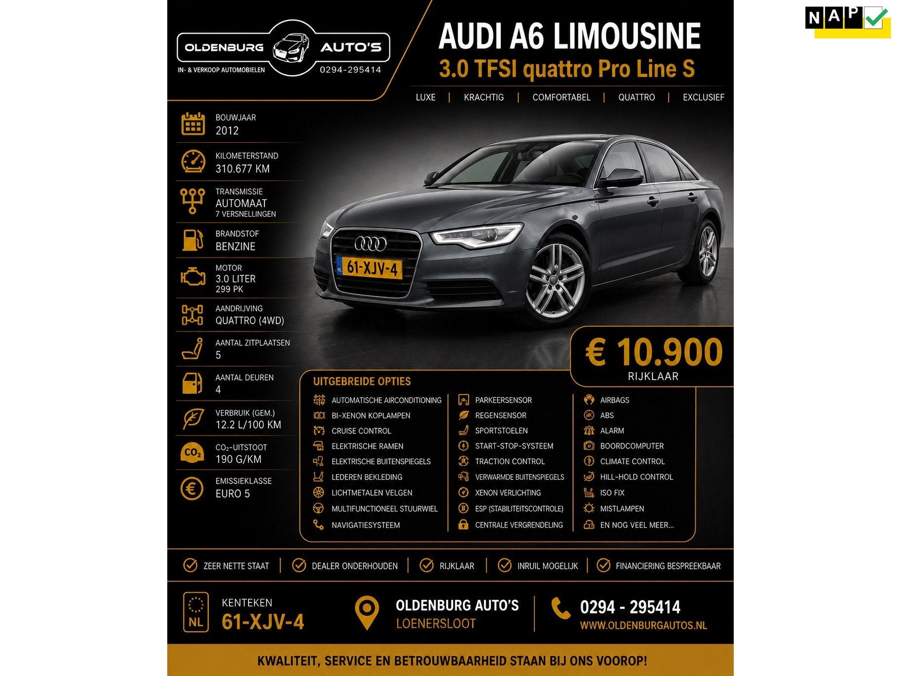 Audi A6 Limousine 3.0 TFSI quattro Pro Line S, Auto's, Audi, Automaat, Euro 5, Start-stop-systeem, Gebruikt