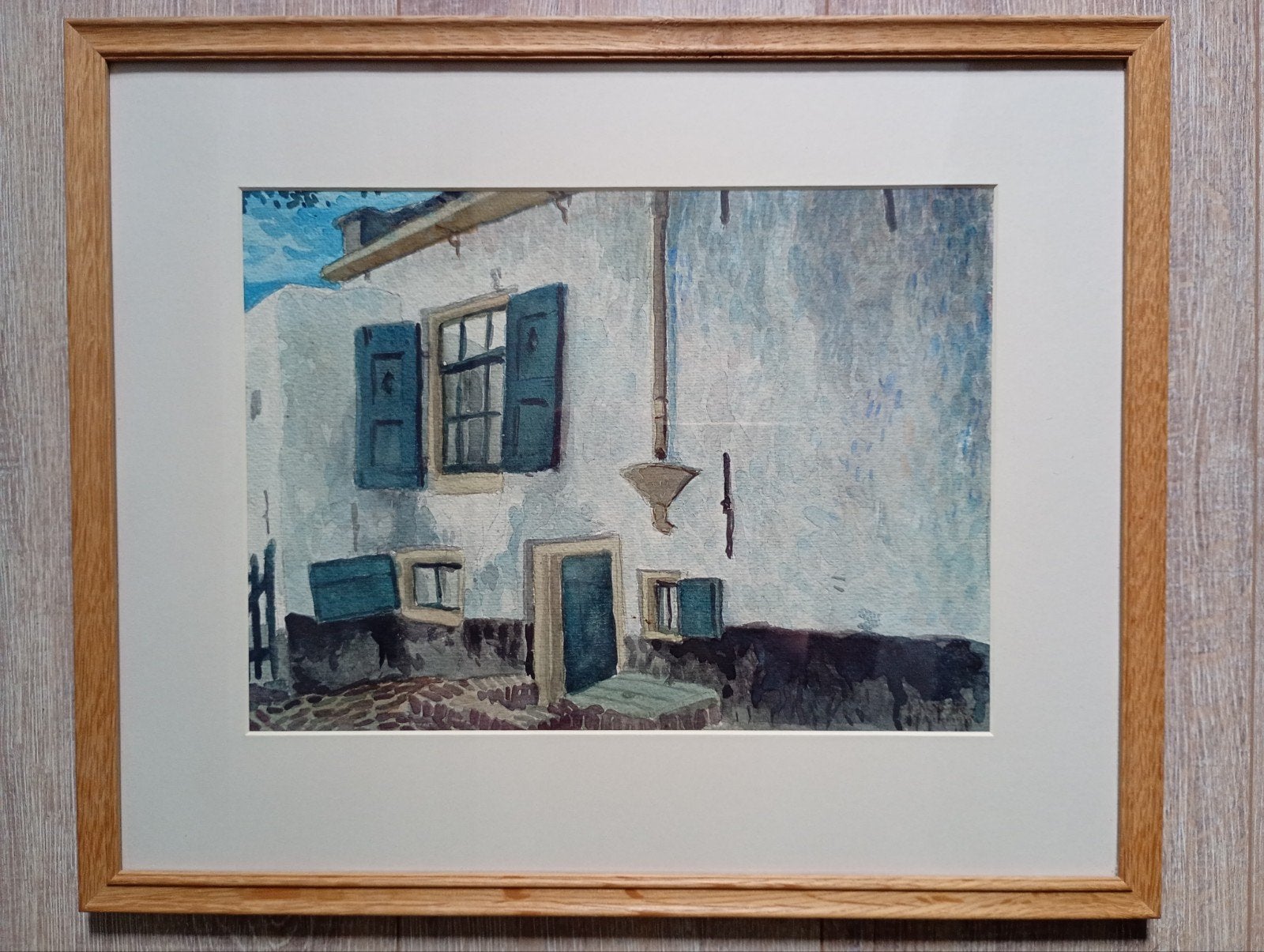 Aquarel van een huis met blauwe luiken - H Stork, Realistisch, Ophalen of Verzenden, Landschap, Papier