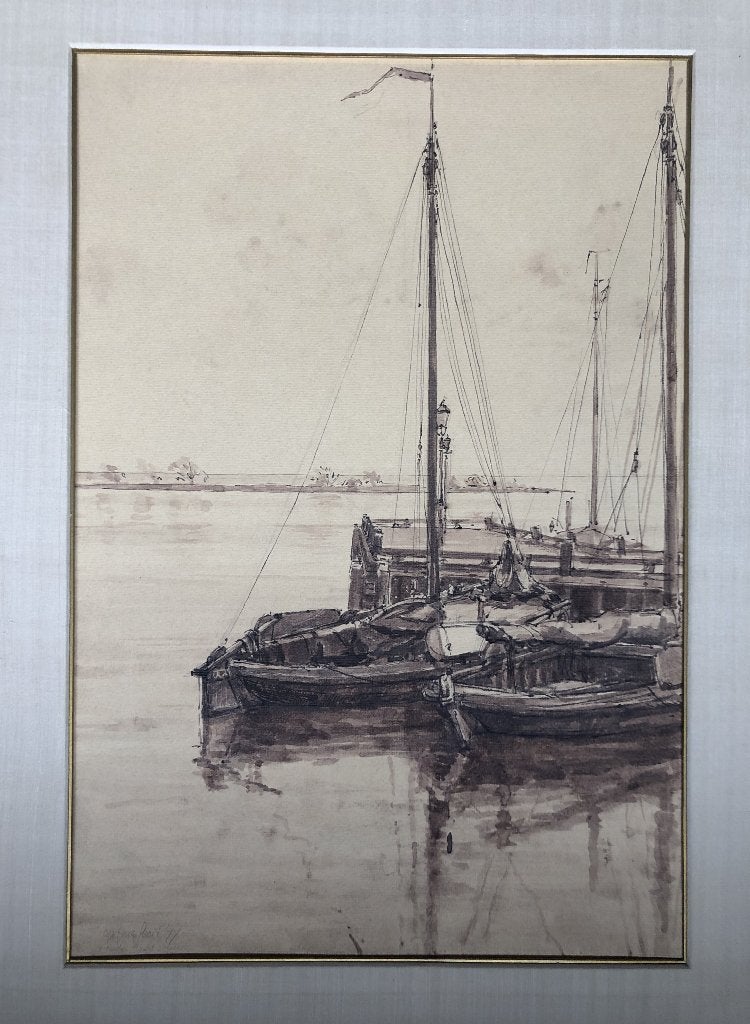 Peter Dorleijn - Houten Hoofd in Hoorn - Sepia Inkttekening, Antiek en Kunst, Kunst | Schilderijen | Klassiek, Ophalen, Maritiem / water