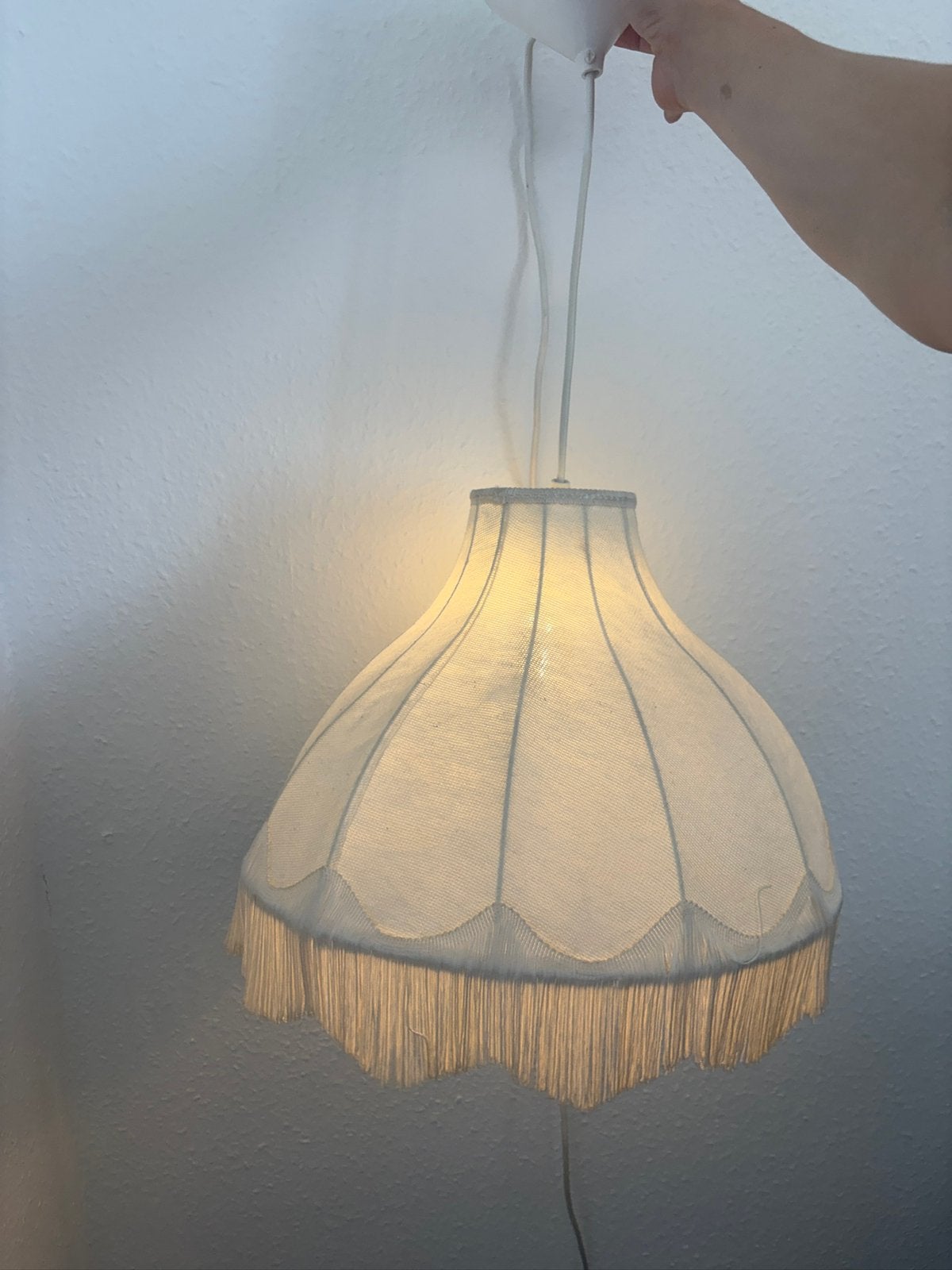 Vintage hanglamp met franjes, Ophalen, Zo goed als nieuw, Textiel, Retro, vintage, boho, chic, brocante, 70s, cottage, klassiek
