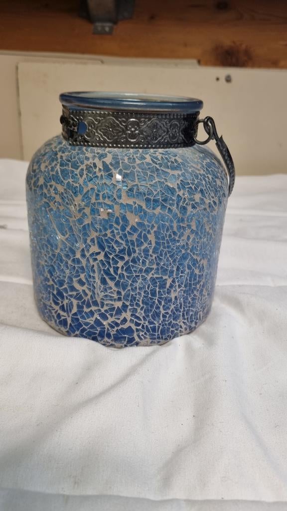 Leuke glazen blauwe kandelaar pot voor buiten, Overige materialen, Gebruikt, Blauw, Ophalen of Verzenden
