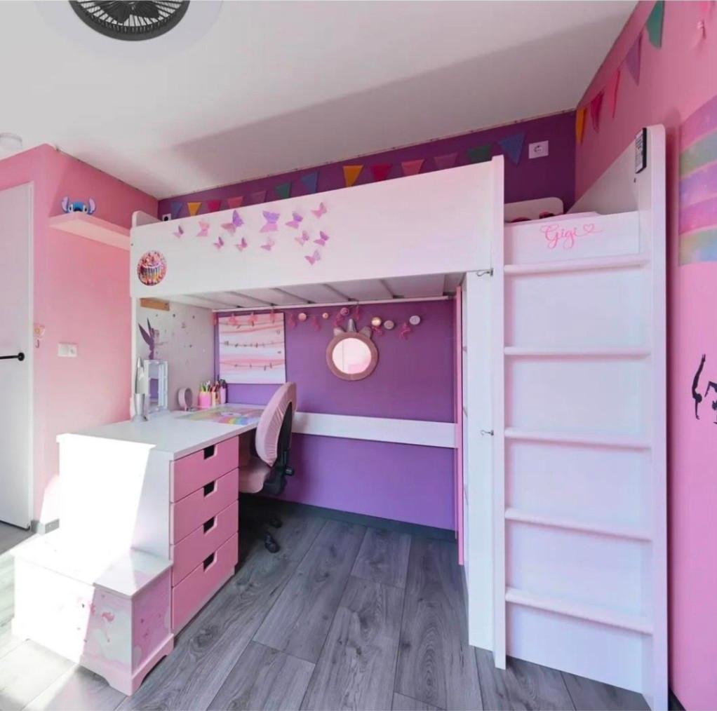 Stapelbed met bureau incl vaste kast (roze), Ophalen, Gebruikt, Hoogslaper