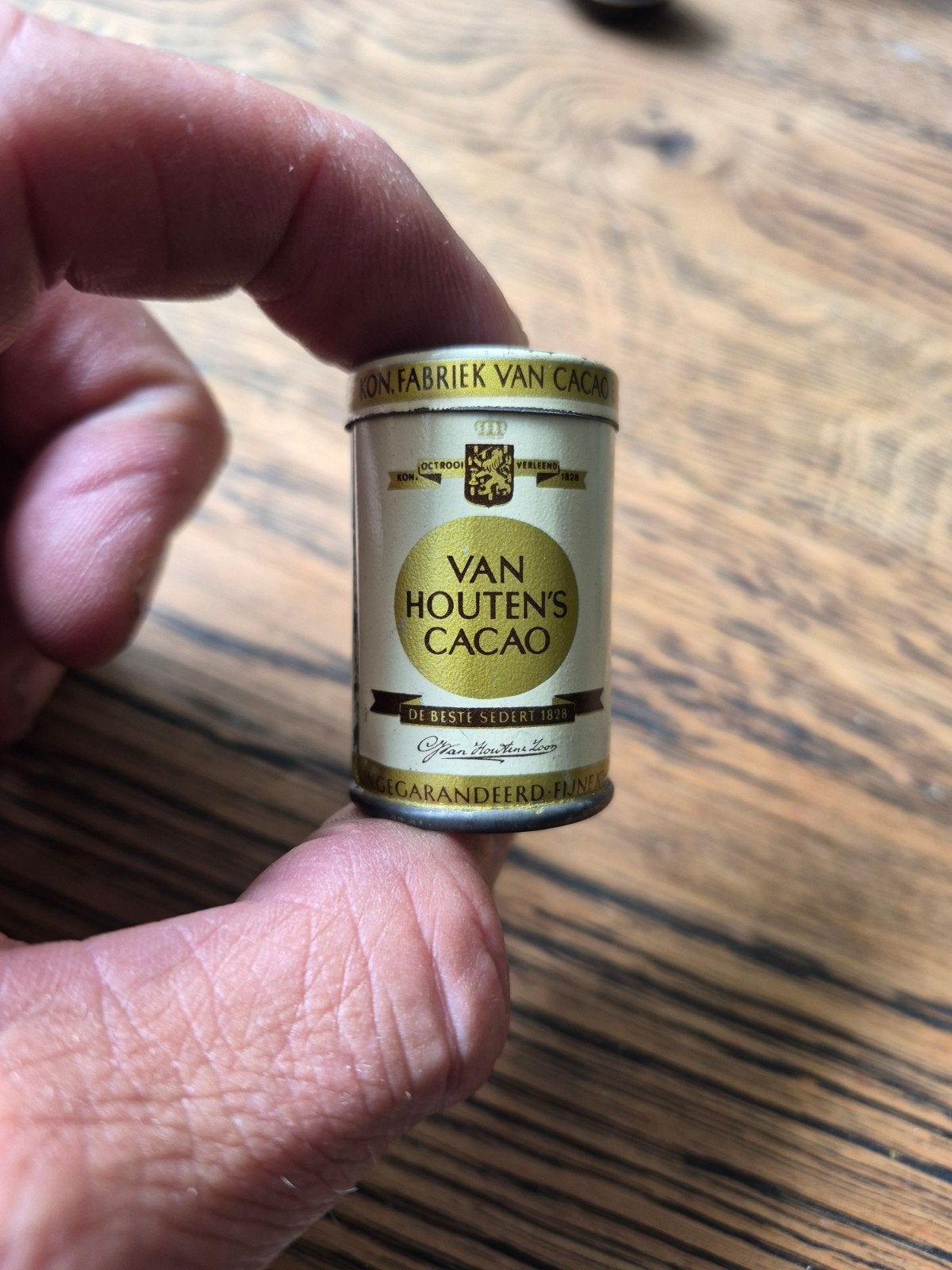 antiek blik monsterblikje van houten cacao zeer mooie staat, Ophalen of Verzenden, Zo goed als nieuw, Overige