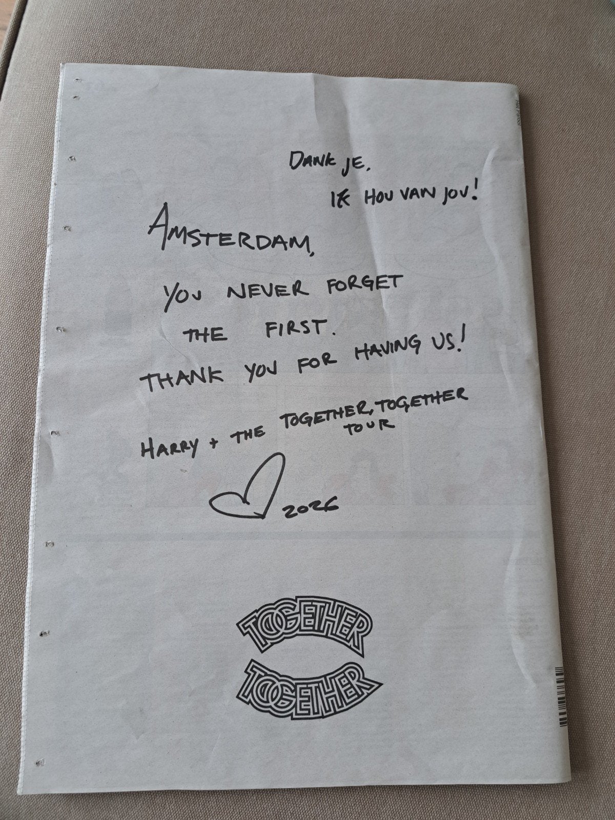 Bedankbericht Harry Styles Parool, Ophalen of Verzenden, Nieuw