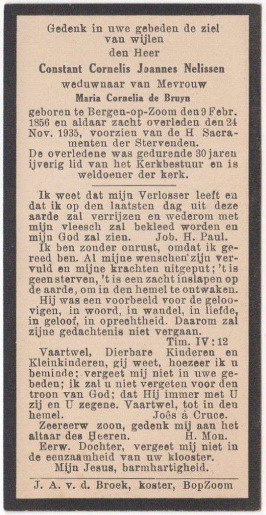 Constant C. Nelissen 1856 Bergen op Zoom + 1935, 79 jaar oud, Ophalen of Verzenden