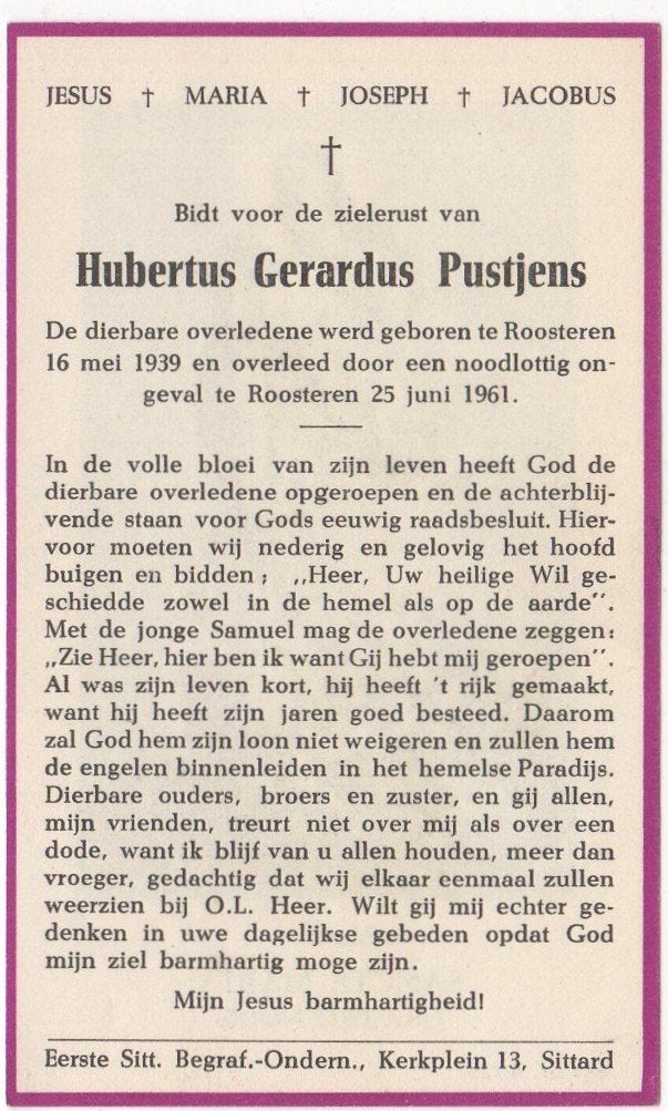 Hubertus G. Pustjens 1939 - 1961 Roosteren, 22 jaar oud, Verzenden