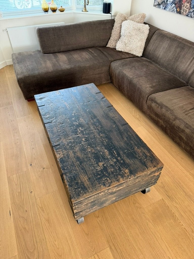 Stoere industriële salontafel opbergkist op wielen 70*130cm, Ophalen, 100 tot 150 cm, 50 tot 100 cm, Robuust