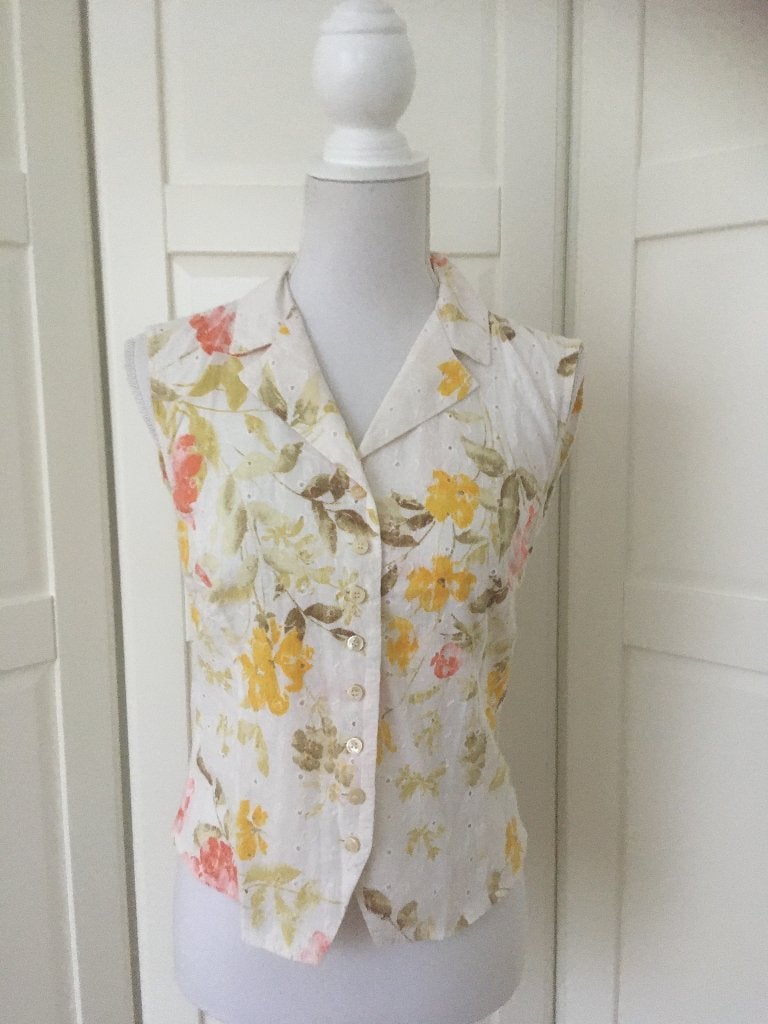 La Ligna witte floral mouwloze blouse,maat 42 L (valt als S), Wit, Maat 42/44 (L), Ophalen of Verzenden, Gedragen