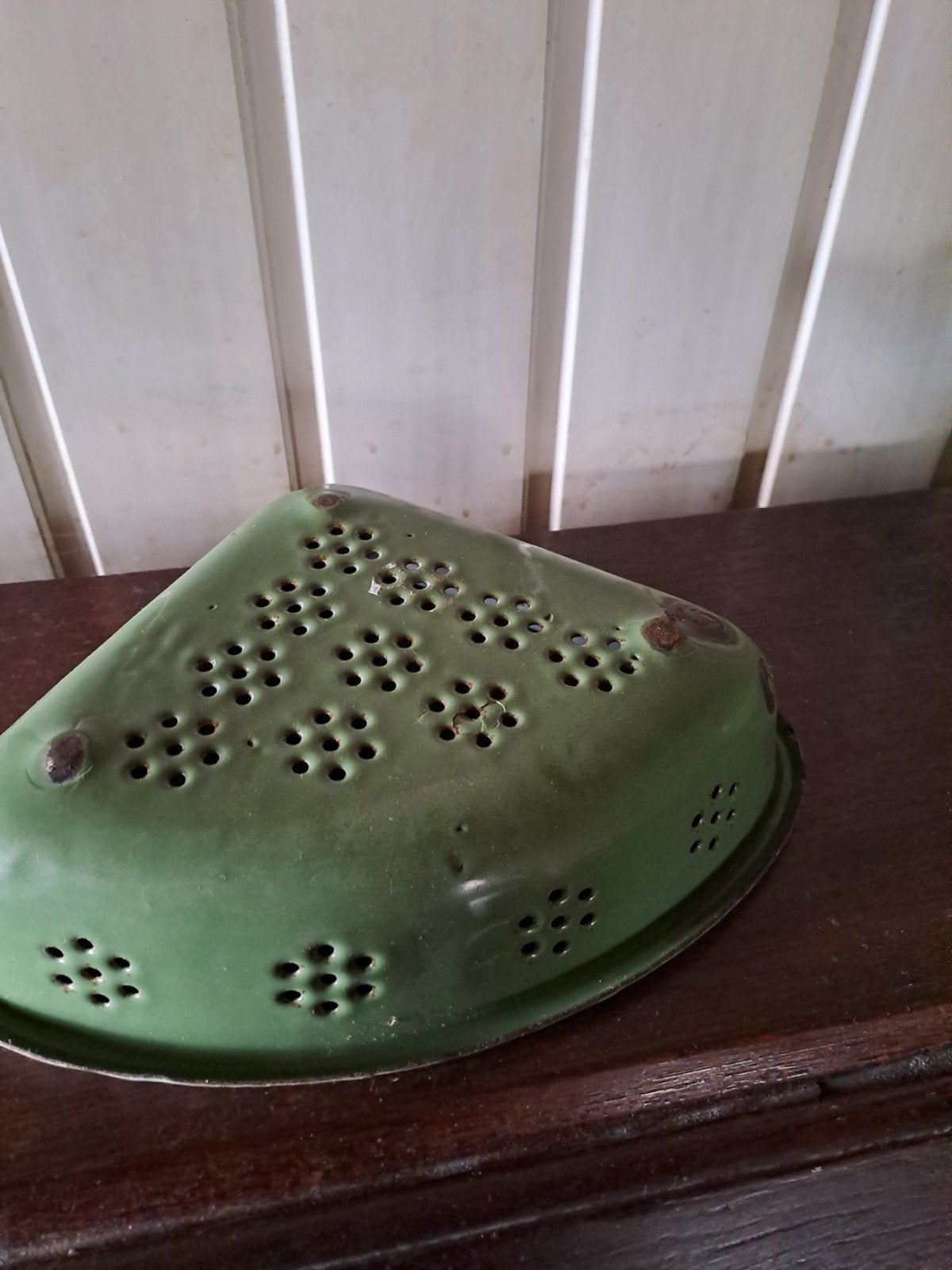 Vintage geëmailleerde hoekvergiet - groen/grijs, Ophalen of Verzenden