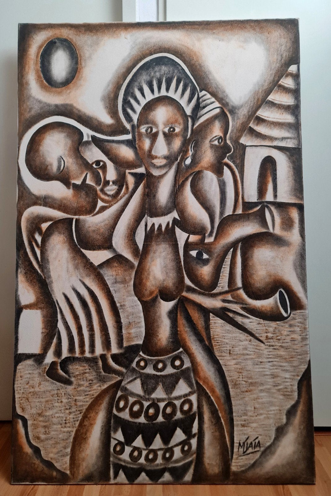 Prachtig groot Afrikaans schilderij katoen handbeschilderd, Antiek en Kunst, Kunst | Niet-Westerse kunst, Bruin, Ophalen, 150 cm