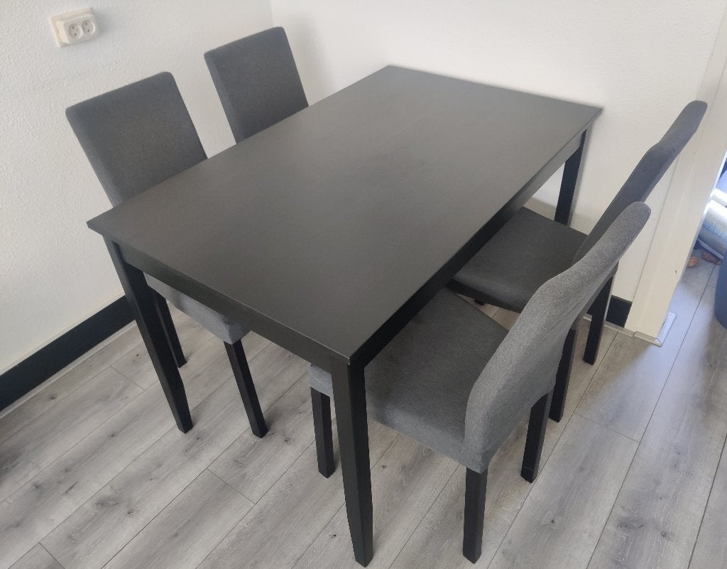 IKEA LERHAMN tafel en BERGMUND eetkamerstoelen, Ophalen, Gebruikt, 100 tot 150 cm, Zwartbruin