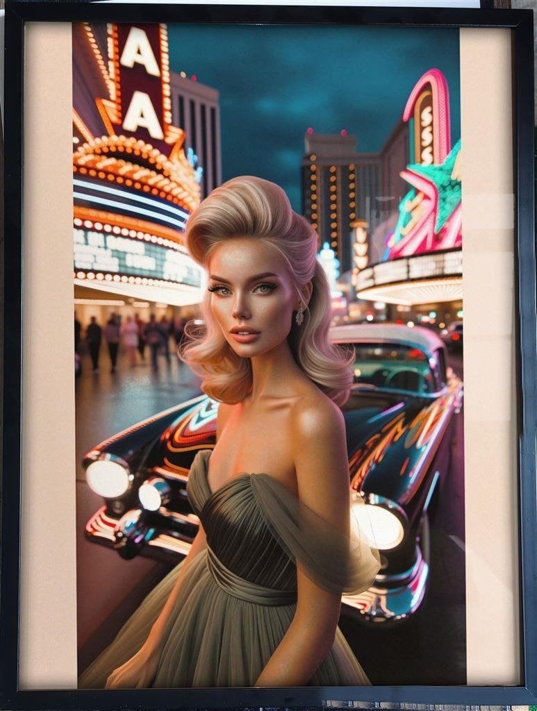 [Poster in Frame] Klassieke Pin Up LAS VEGAS Auto Neon, Verzenden, Nieuw, A1 t/m A3, Film en Tv