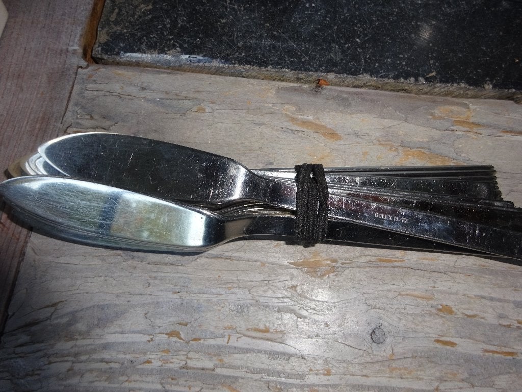 vis messen 20 stuks merk solex 18/10, Gebruikt, Los bestek, Ophalen of Verzenden, Rvs of Chroom