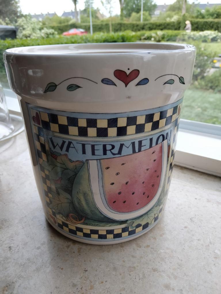 Susan Winget Aardewerk Pot Watermeloen Hartjes, Gebruikt, Meerkleurig, Ophalen of Verzenden, Landelijk
