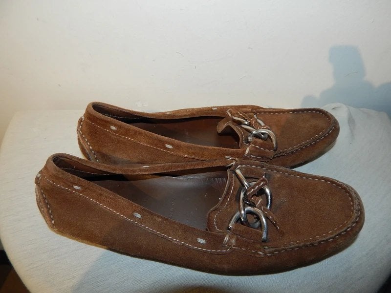 Prada vintage loafers suede leer sier deel bovenkant 37, Verzenden, Instappers, Gedragen, Bruin