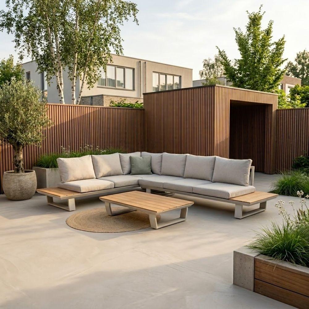 Atlanta hoek loungeset beige aluminium + polywood 305x228cm, Ophalen, Aston Martinlaan 36, 6 zitplaatsen, Bank