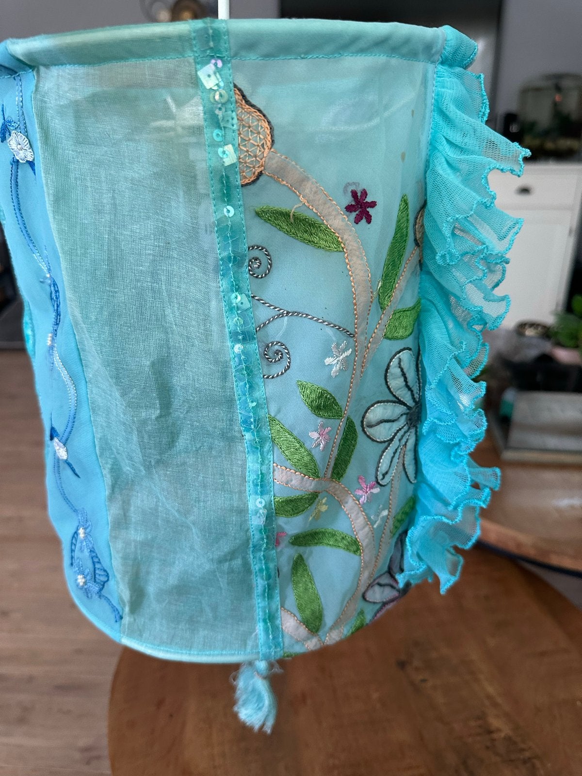 Mooie turquoise hanglamp voor kinderkamer, Ophalen, Gebruikt, Textiel
