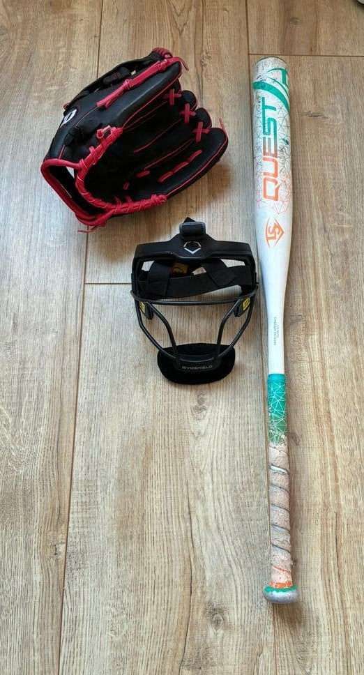 Softbal handschoen, knuppel en masker, Sport en Fitness, Ophalen of Verzenden, Zo goed als nieuw, Handschoen