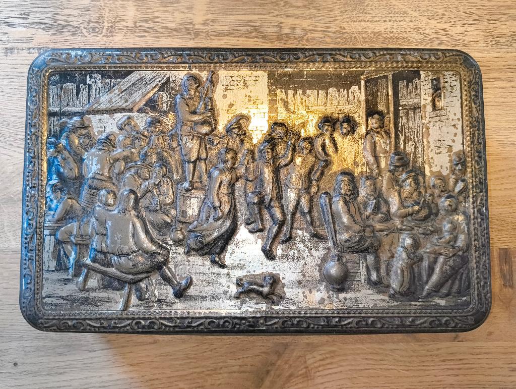 Antiek koekblik G.B.C. Belgium  David Teniers, Verzamelen, Blikken, Ophalen of Verzenden, Gebruikt, Koek(jes), Overige merken