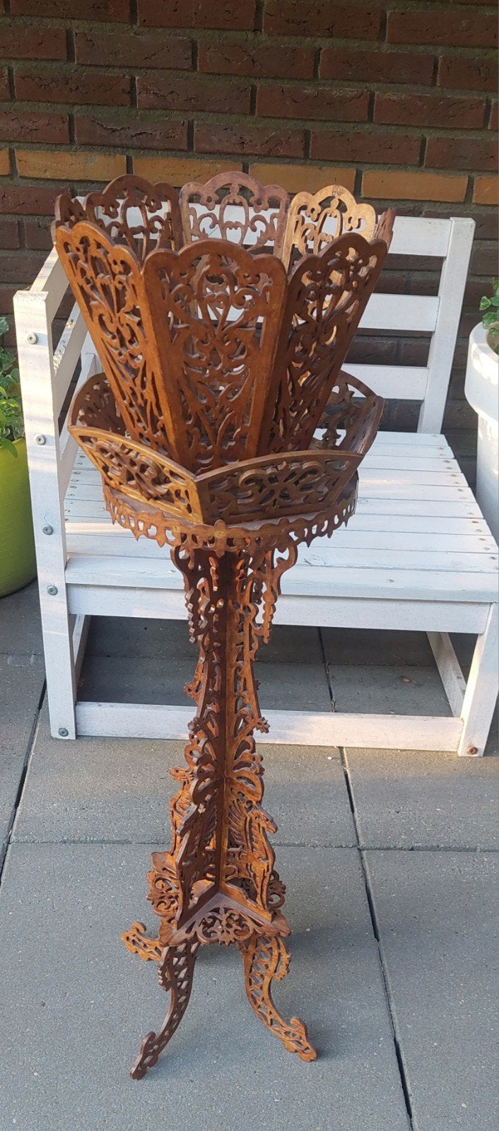 Vintage houten plantenstandaard met houten pot houder, Ophalen of Verzenden
