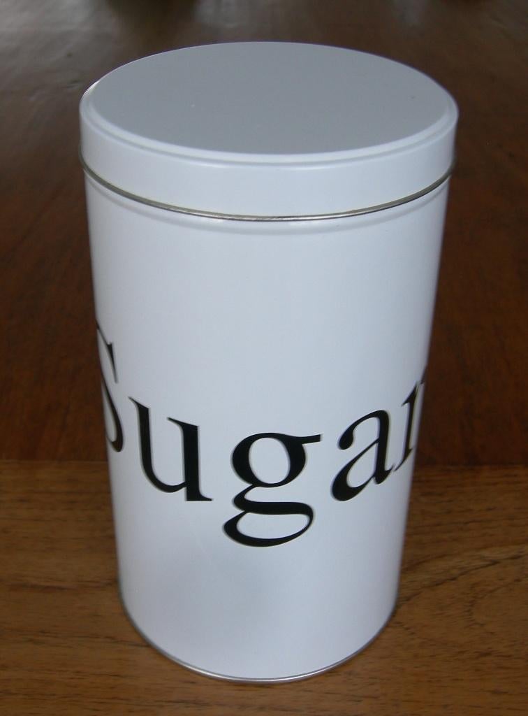 Blik Sugar Suiker Voorraadblik. Afmeting Ø 10,9x19 cm., Verzamelen, Ophalen of Verzenden, Zo goed als nieuw, Suiker, Overige merken