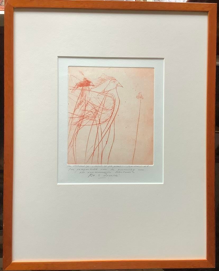 Ko Oosterkerk, bloem, vogel, ets, gravure, rood, origineel, Antiek en Kunst, Ophalen of Verzenden