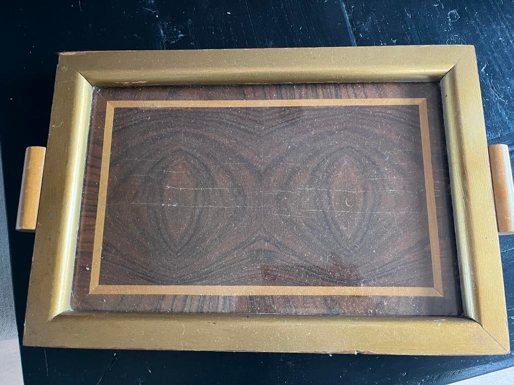 Vintage Dienblad met Inlegwerk en  glasplaat - 40x28xm, Antiek en Kunst, Ophalen of Verzenden