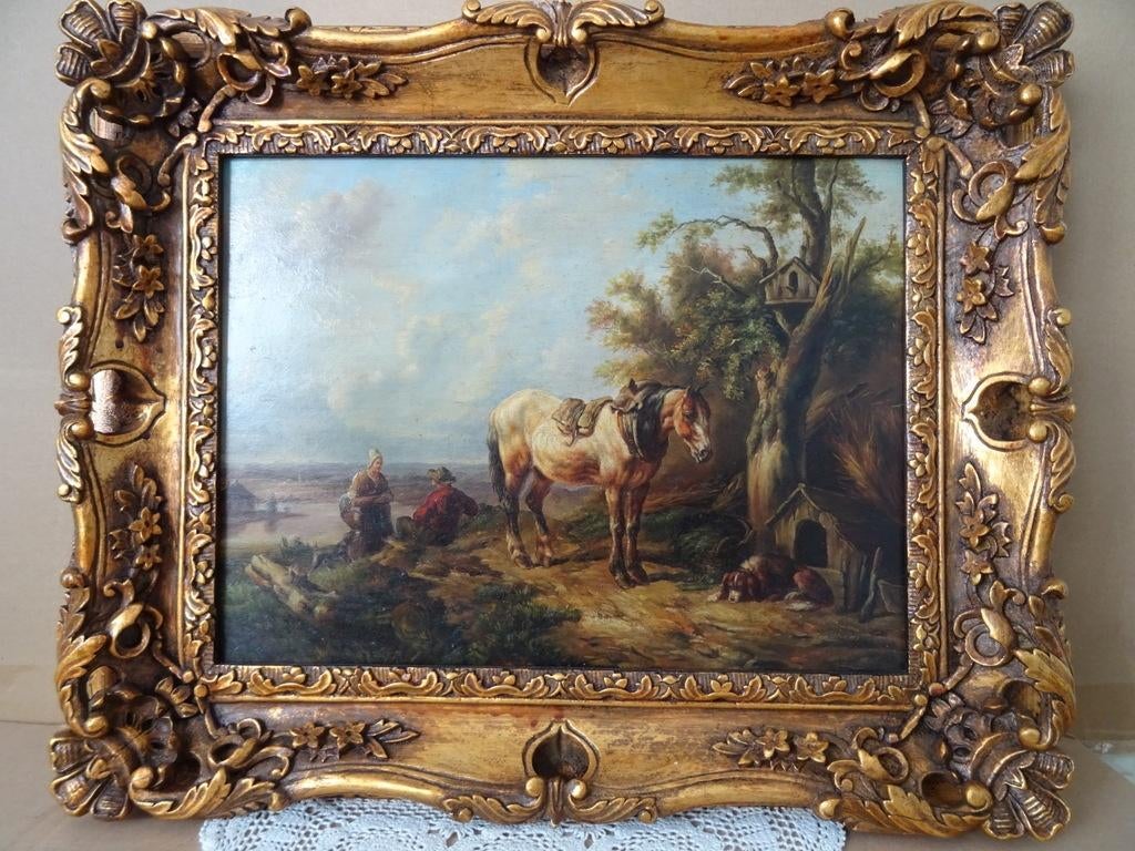 Antiek schilderij vintage schilderij landschap paard 55x45cm, Ophalen of Verzenden